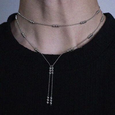 Punk Bead Long Tassel Double Layered Necklace for Men Women