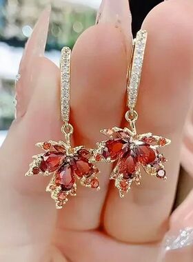 French Vinage Crysal Zircon Red Maple Leaf Earrings for Wome