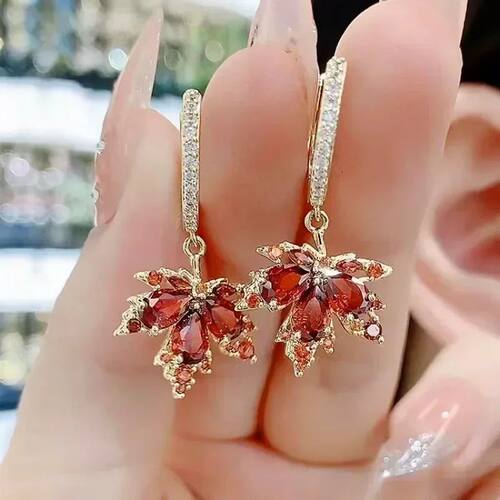 French Vinage Crysal Zircon Red Maple Leaf Earrings for Wome