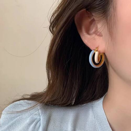 Elegan Enamel Color Block Double Hoop Huggie Earrings for Wo