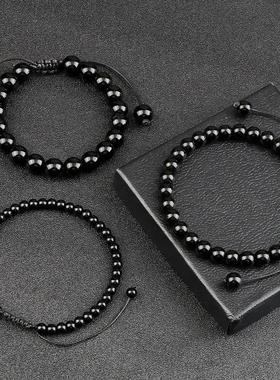 Natural Pedra Brilhante Preto Onyx Beads Pulseiras, frisada