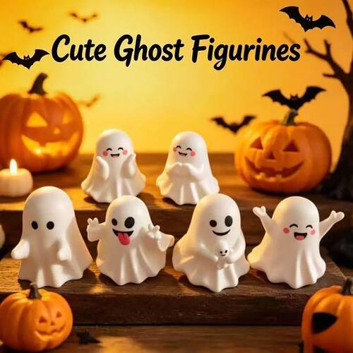 ?1Pcs Cute Flocked Ghost Figurines Adorable Smiling Faces So