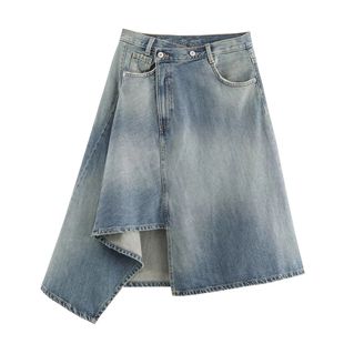 Skirt Double Front Women Asymmetrical Midi Buttons Hem Denim