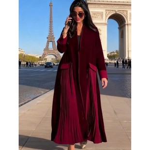 Women Velvet Pleated Morocco Cardigan Overcoat Folds Long