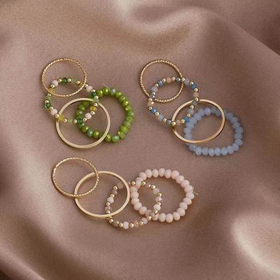 4Pcs Summer Bohemia Crystal Bead Rings Set for Women Fresh C