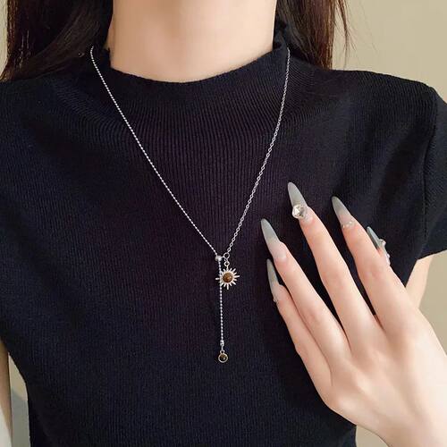 New Long Sunflower Tiger Eye Stone Pendant Necklace for Wome