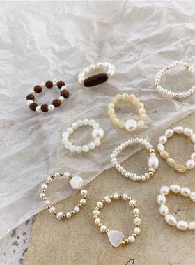 Korean Retro Natural Pearl Shell Beaded Ring For Women Fashi