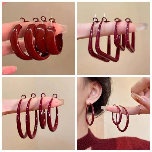 Red Large Small Circle Hoop Earrings for Women Simple Geomet