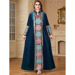 Winter Velvet Dress  Embroidery Dubai Split  Women Morocco K