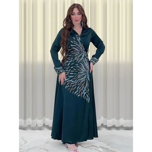 Autumn  Dress for Women Satin Diaomnd Jalabiya  Long Dresses