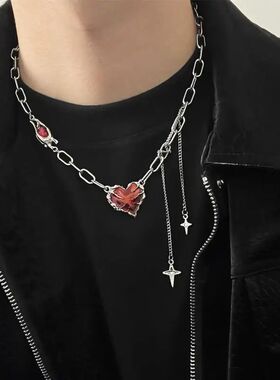 Hiphop Punk Red Love Hear Pendan Necklace for Men Women Gohi