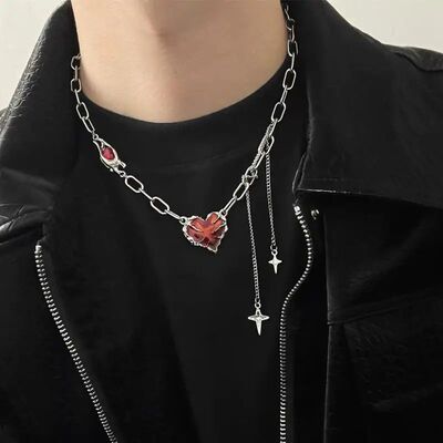 Hiphop Punk Red Love Hear Pendan Necklace for Men Women Gohi