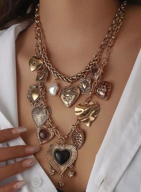 Women's Fashion Punk Double Layered Choker Necklace with Met