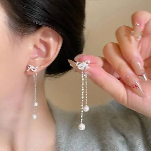 Elegant Bow Knot Imitation Pearl Long Tassel Earrings for Wo