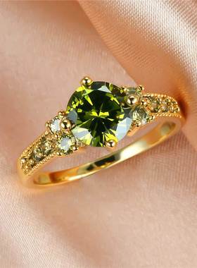 Charm Female Olive Green Crystal Stone Ring Vintage Gold Col