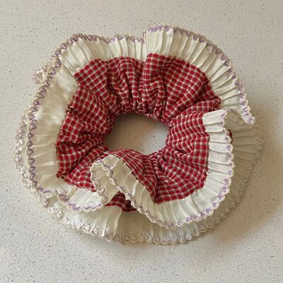 1 Piece Red Plaid Ruched Accordion-Edged Scrunchie, Bright T