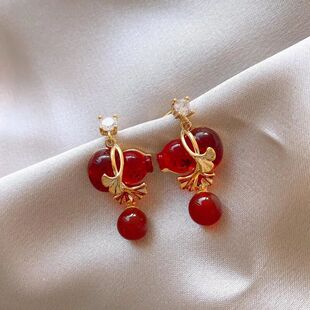 Fashion Red Gourd Apricot Leaf Dangle Earrings for Women Lad