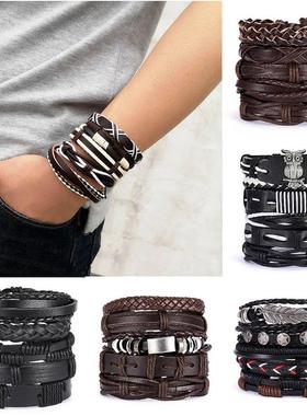 Braceletes de couro multicamadas para homens, pulseiras vint