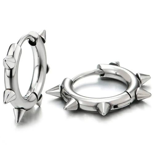 WKOUD 1 Pair Stainless Steel Spike Circle Huggie Hinged Hoop