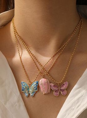Stainless Steel Pink Blue Enamel Flower Butterfly Pearl Pend