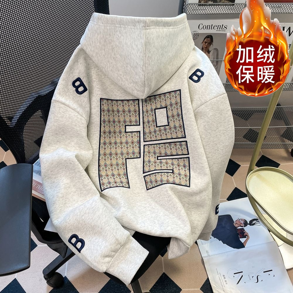 美式刺绣连帽卫衣男女冬加绒外套