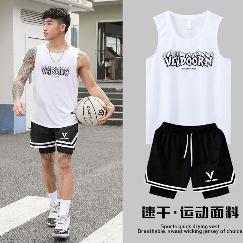 维动美式假两件短裤男套装三分球裤夏季运动速干背心训练篮球上衣