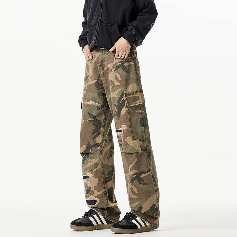原创美式复古迷彩磨破设计做旧工装裤男女宽松直筒大口袋长裤子潮
