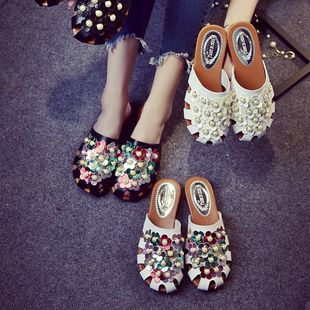 外穿平底 气质罗马凉拖鞋 欧洲站2023夏季 珍珠镂空包头平底凉拖时尚