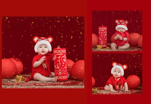 宝宝红色老虎帽摄影服装连体哈衣卡通拍照衣服男宝女宝百天照相套