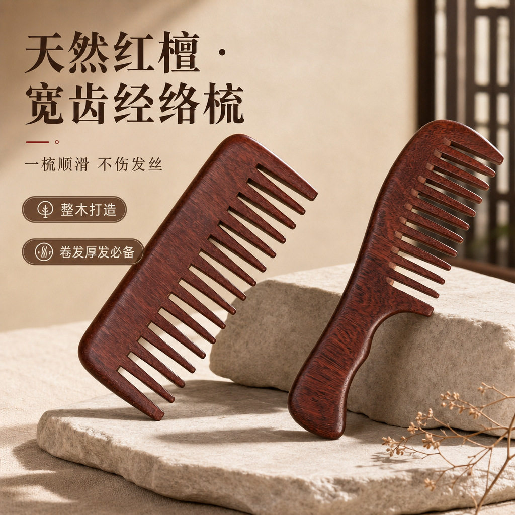 工厂批发天然红檀整木梳卷发直发梳可定制logo中齿大齿木头梳子