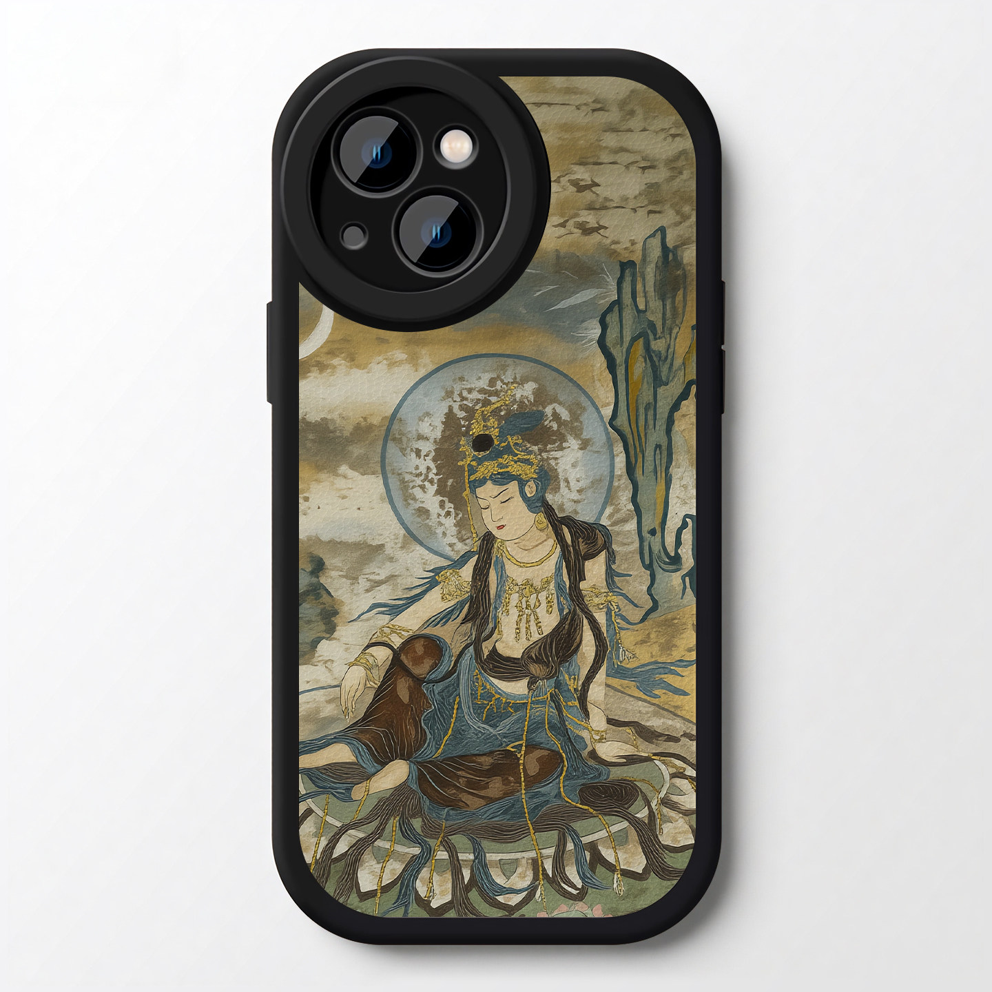 水月观音佛像新中式艺术绘画适用于苹果IPhone7/8/X/XR/11/12/13pro/14/15promax小羊皮硅胶磨砂防摔