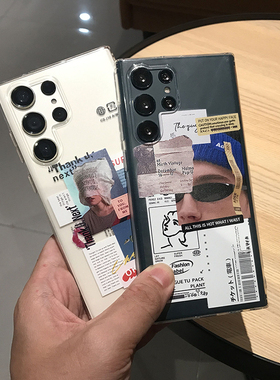 适用于三星S23U/S24U情侣手机壳Note20U/S21+潮牌透明保护套iPhone14/15个性超薄软壳