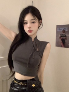 改良旗袍T恤女夏季设计感小众辣妹镂空性感紧身显瘦无袖短款上衣