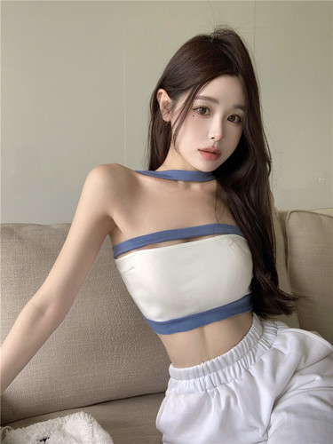 美式吊带背心女拼色挂脖抹胸上衣