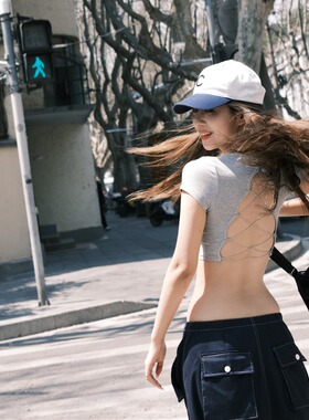 美式灰色短袖T恤女夏季露背绑带设计感短款修身紧身辣妹性感上衣