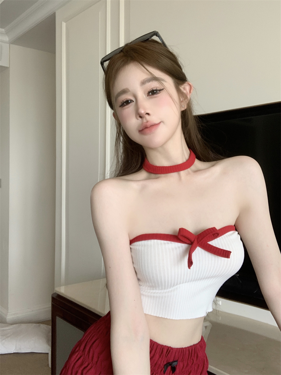 甜辣蝴蝶结撞色拼接短款背心女修身显瘦罗纹抹胸上衣配同色系项圈