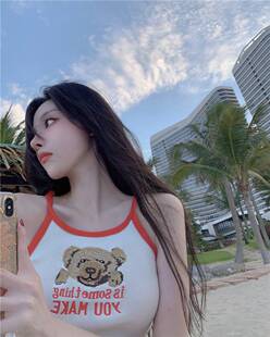 网红直播衣服上镜显胸大上衣ins女主播小熊印花卡通少女外穿背心