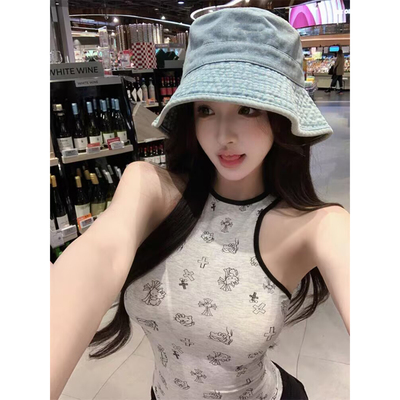 卡通印花吊带背心女外穿夏季泰式辣妹性感挂脖抹胸小上衣独特绝美