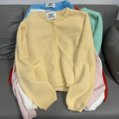 女花边圆领毛衣初秋短款 韩系湖蓝色简约针织开衫 毛衣 新款 2025秋季