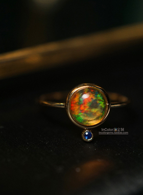 小行星/天然墨西哥欧泊戒指 18k金配蓝宝 /InColor彩定制