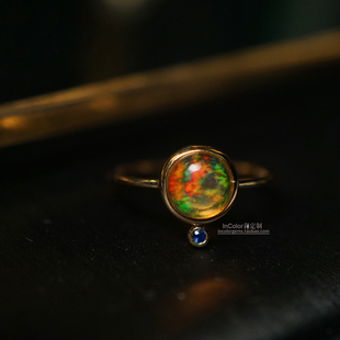 小行星/天然墨西哥欧泊戒指 18k金配蓝宝 /InColor彩定制