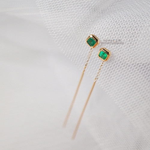 壹。/天然祖母绿耳线 18k黄金镶嵌 原创款/InColor彩定制