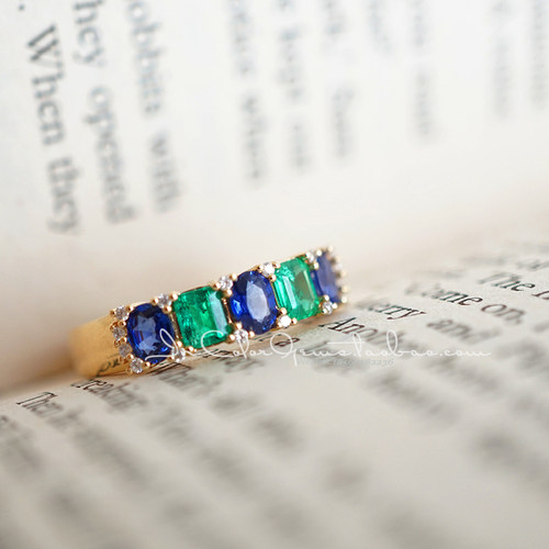 天然祖母绿k金蓝宝石戒指定制