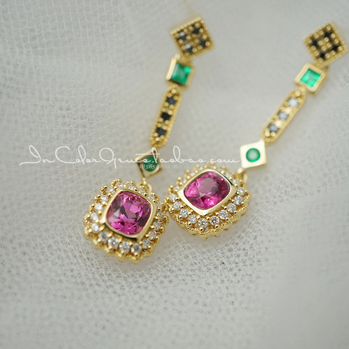 恬静/天然粉尖晶石耳环 18k金配钻 鉴赏定制/InColor彩定制