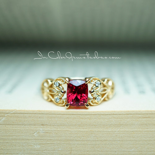 繁蕾天然缅甸红戒指18k金尖晶石