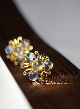 繁光/天然异色月光石18k金耳钉 原创复古 /InColor 彩定制