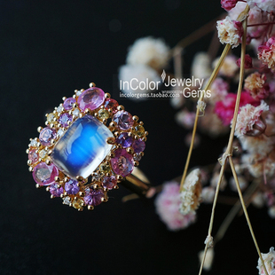 花语/天然月光石戒指 18k金配彩蓝宝钻石 原创设计/InColor彩定制