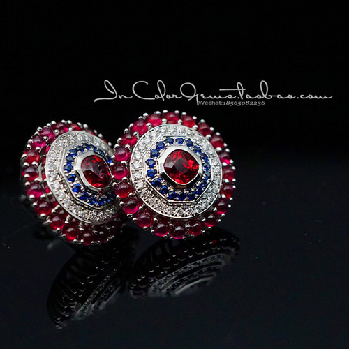 沉迷/天然红尖晶石红宝石蓝宝石耳钉 18k金配钻/InColor彩定制