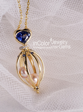 心笼/天然蓝宝石吊坠18k金配钻石 鉴赏定制/InColor彩定制
