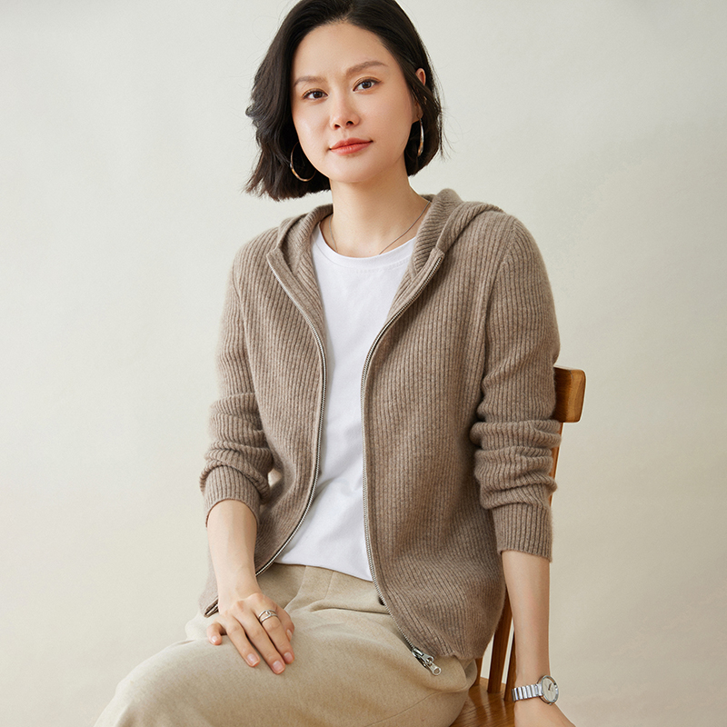 羊绒衫女山羊绒连帽衫开衫宽松抽条双拉链外搭针织衫毛衣开衫外套